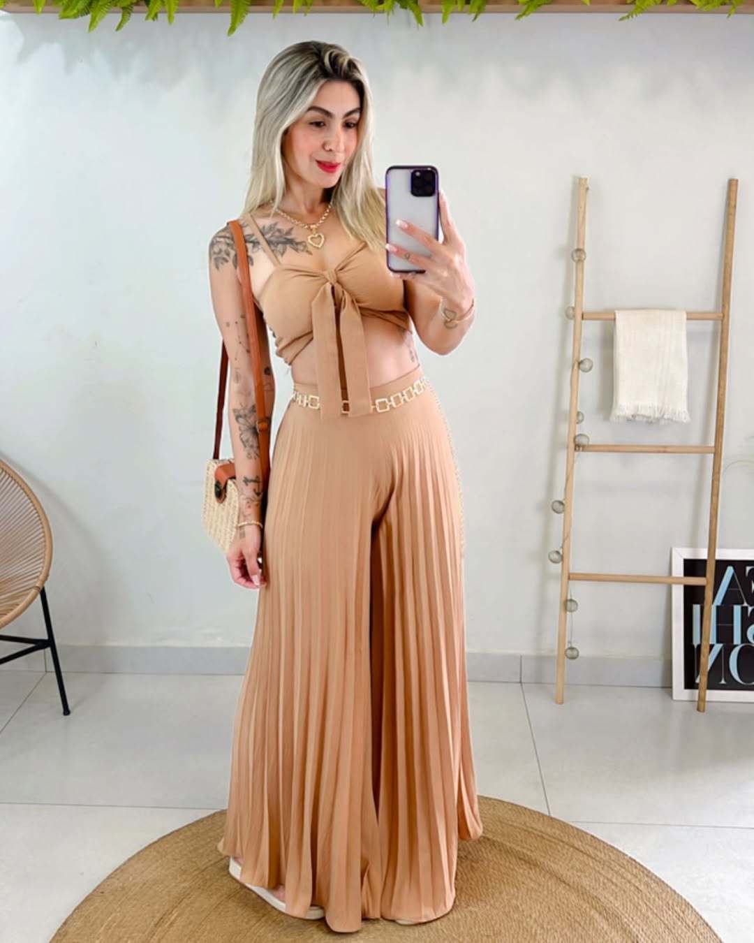 Boho Zweiteiler Damen apricot plissierte Hose und Top Sommer Outfit elegant