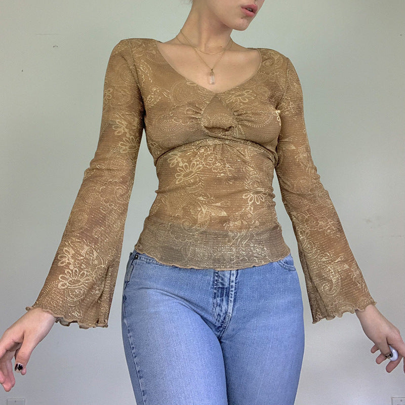 Vintage Boho Top mit Schnürung & Cashmere-Blumenprint (Langarm)
