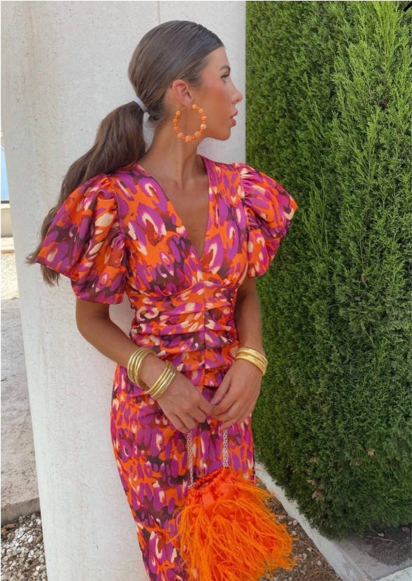 IVOJA Floral Sommerkleid V-Ausschnitt – Figurbetontes Kleid mit Puffärmeln