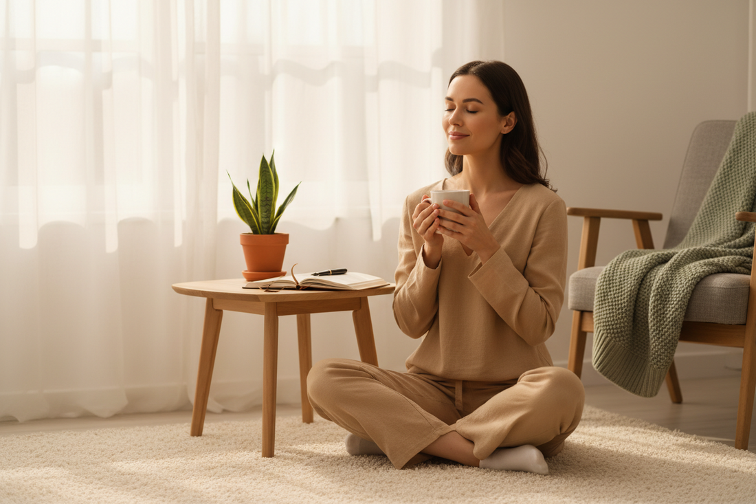 Woman practicing a small daily self-care ritual in calm morning light, symbolizing how intentional rituals restore energy and balance