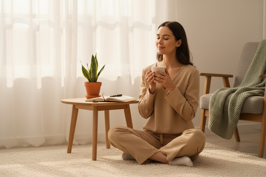 Woman practicing a small daily self-care ritual in calm morning light, symbolizing how intentional rituals restore energy and balance