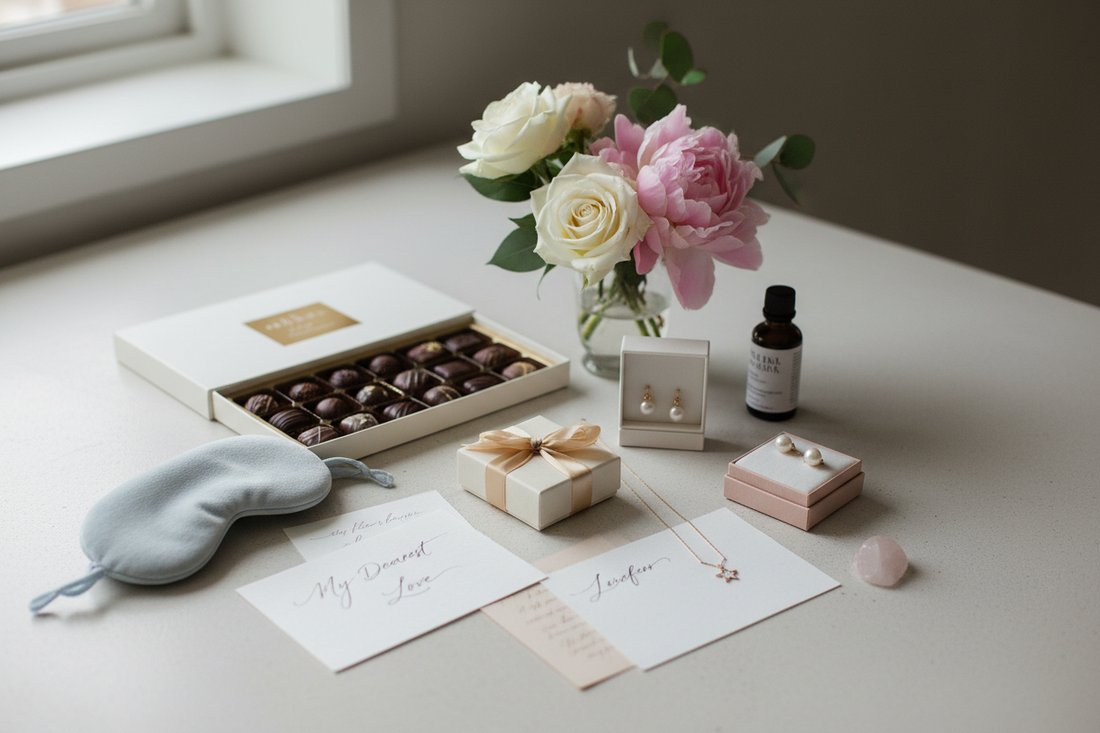 Kleine Geschenke mit großer Wirkung – liebevoll arrangierte Geschenkidee mit Blumen, Karten und kleinen Präsenten