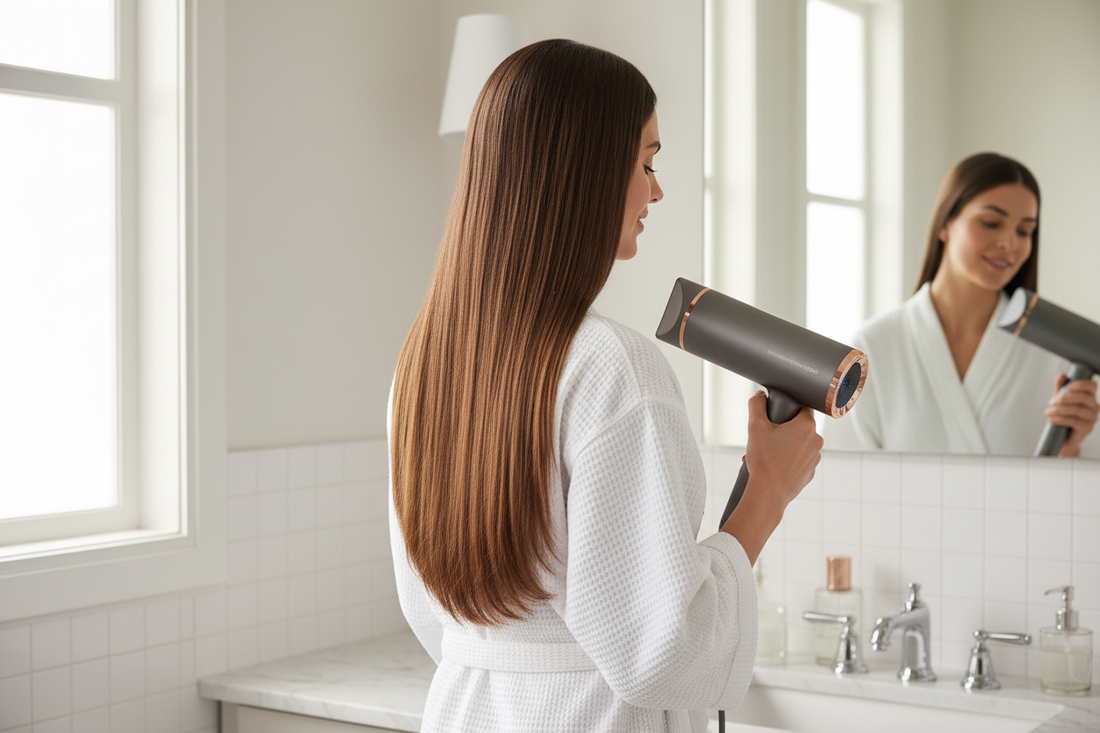 Frau föhnt glatte Haare mit Ionic Hair Dryer für weniger Frizz und mehr Glanz