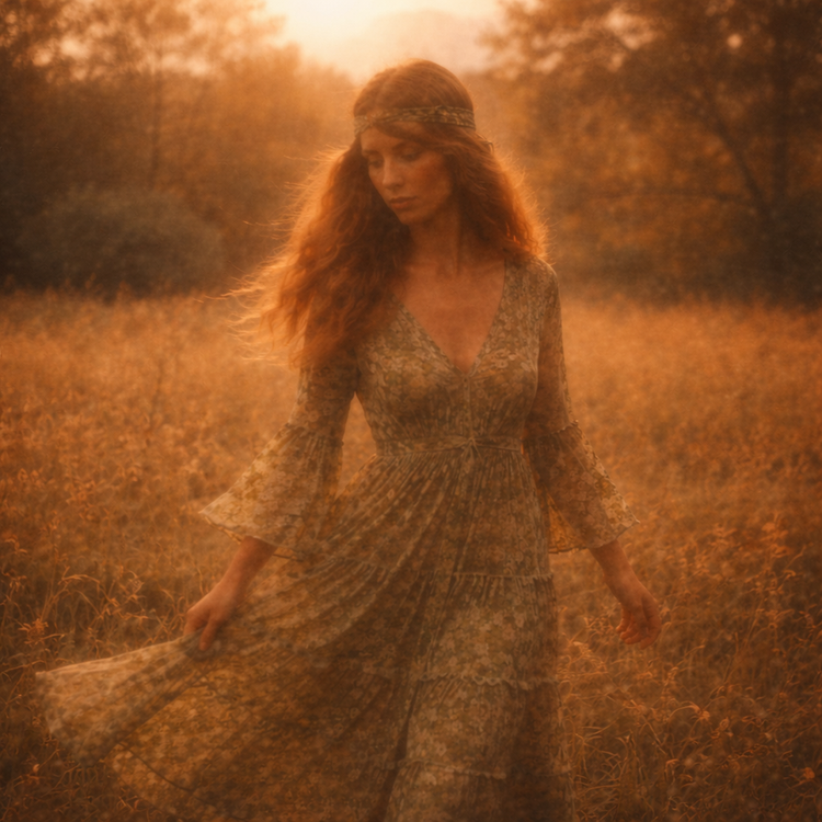 Frau in fließendem 70er Boho Maxikleid läuft durch ein sonnenbeschienenes Feld im warmen Vintage-Look
