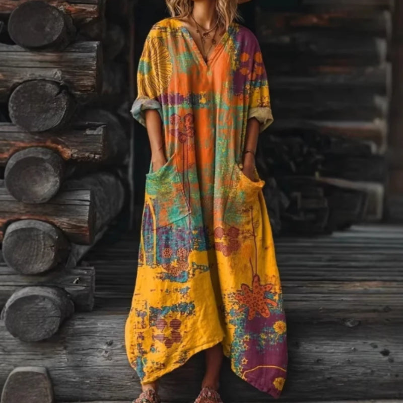 Buntes Boho Maxi-Kleid mit Blumenprint & Taschen | IVOJA