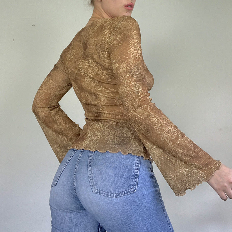 Vintage Boho Top mit Schnürung & Cashmere-Blumenprint (Langarm)