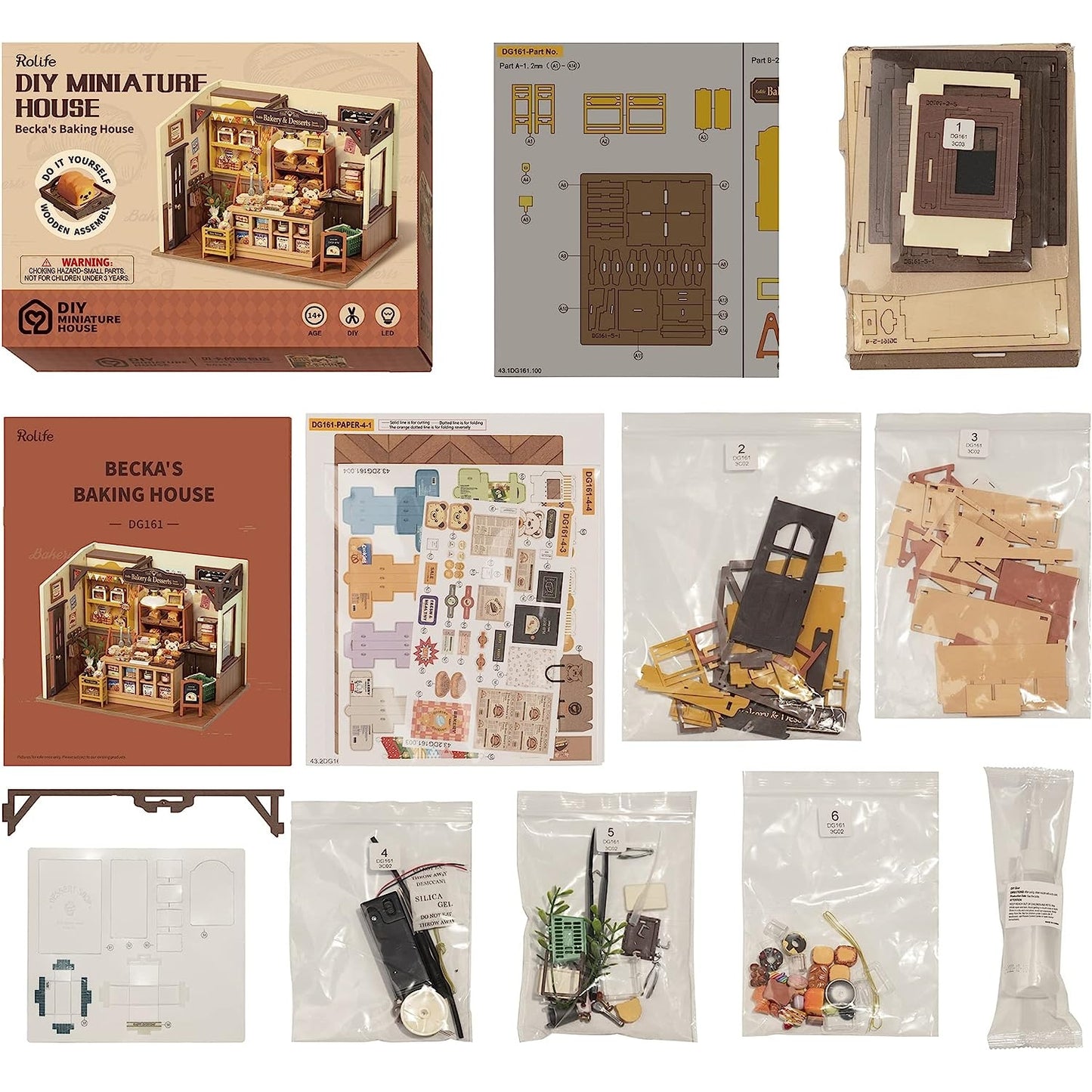 Detailreiche Miniatur-Bäckerei aus Holz mit warmer LED-Beleuchtung und gemütlicher Café-Atmosphäre