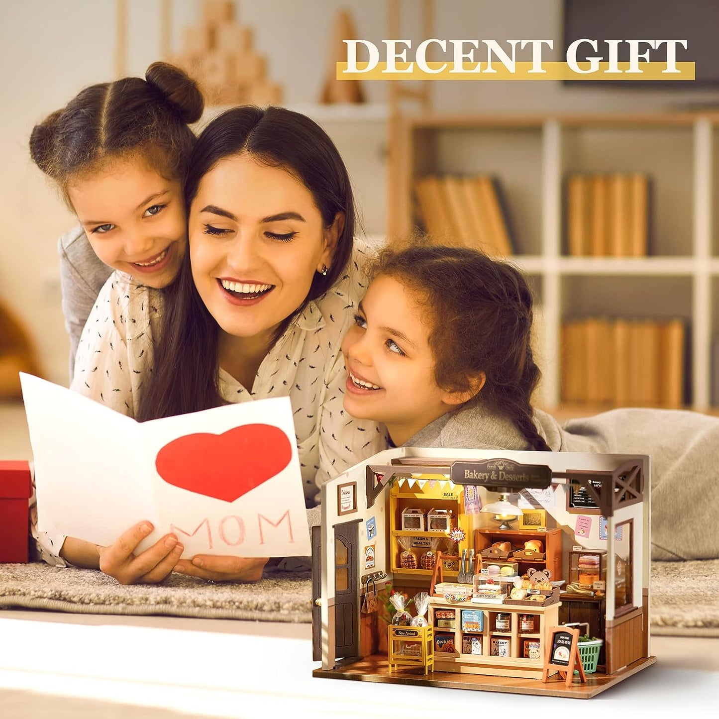 Detailreiche Miniatur-Bäckerei aus Holz mit warmer LED-Beleuchtung und gemütlicher Café-Atmosphäre