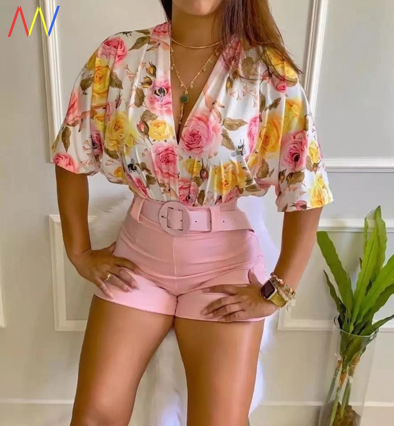 Boho 2-teiliges Set mit Blumenprint – Crop Top & Rock (V-Ausschnitt)