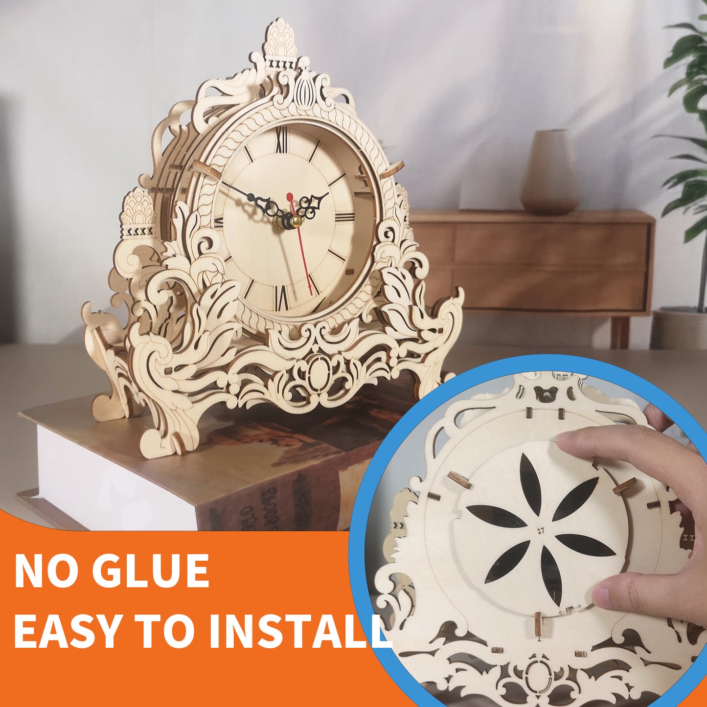 3D-Holzpuzzle-Vintageuhr mit filigranem Design auf einem Tisch – kreativer DIY-Bausatz ohne Kleber und einfach zu montieren