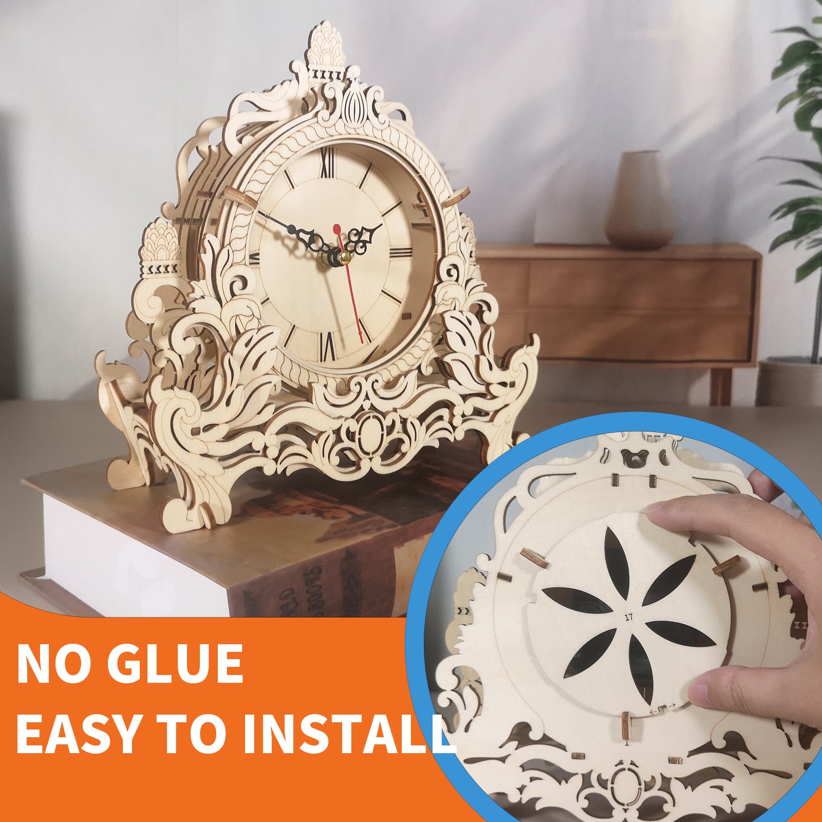 3D-Holzpuzzle-Vintageuhr mit filigranem Design auf einem Tisch – kreativer DIY-Bausatz ohne Kleber und einfach zu montieren