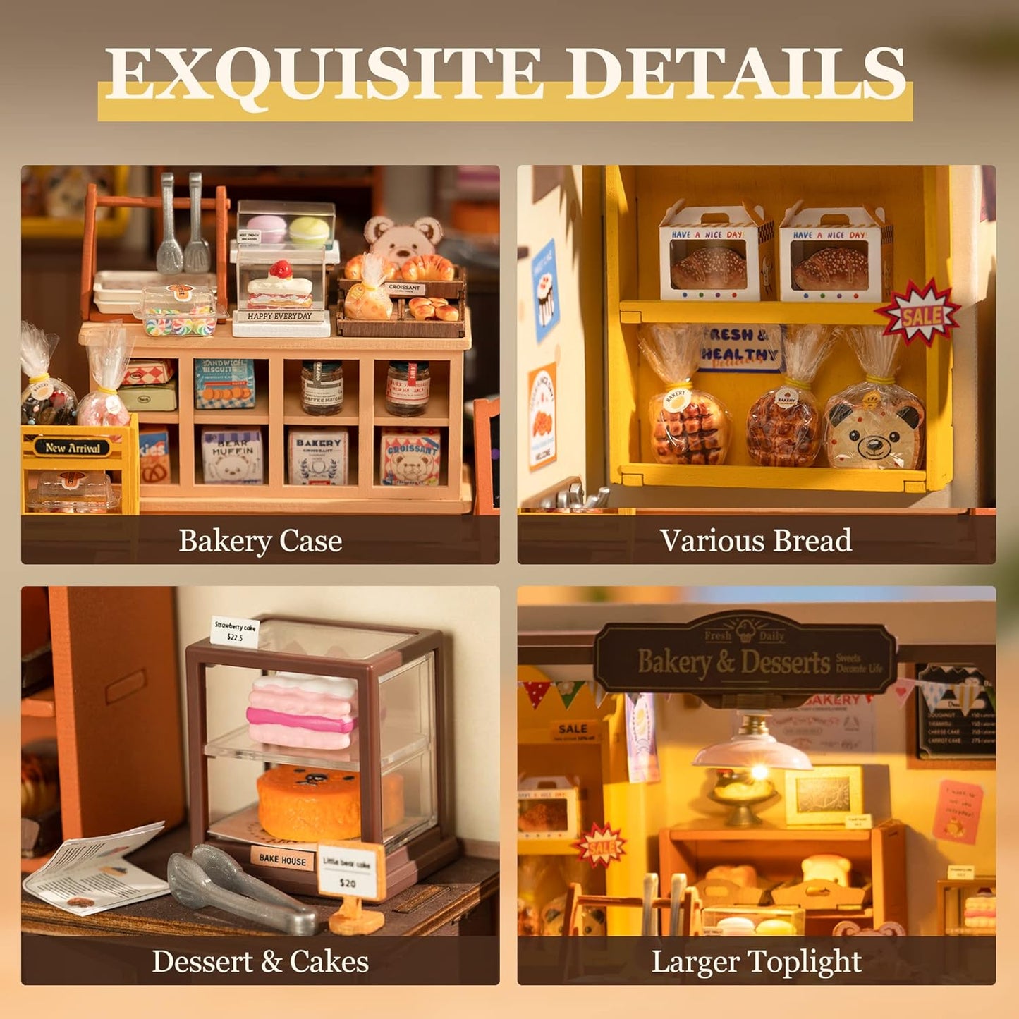 Detailreiche Miniatur-Bäckerei aus Holz mit warmer LED-Beleuchtung und gemütlicher Café-Atmosphäre