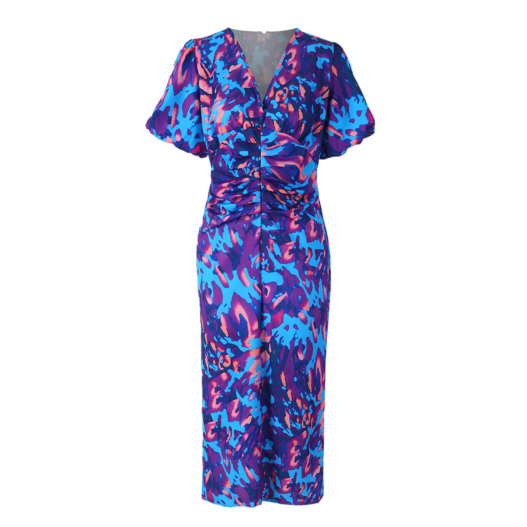 IVOJA Floral Sommerkleid V-Ausschnitt – Figurbetontes Kleid mit Puffärmeln