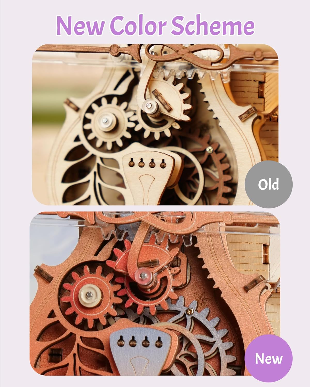 Vergleich der alten und neuen Farbgestaltung des mechanischen ROKR Magic Cello 3D-Holzpuzzles mit sichtbaren Zahnrädern und detailreicher Steampunk-Optik