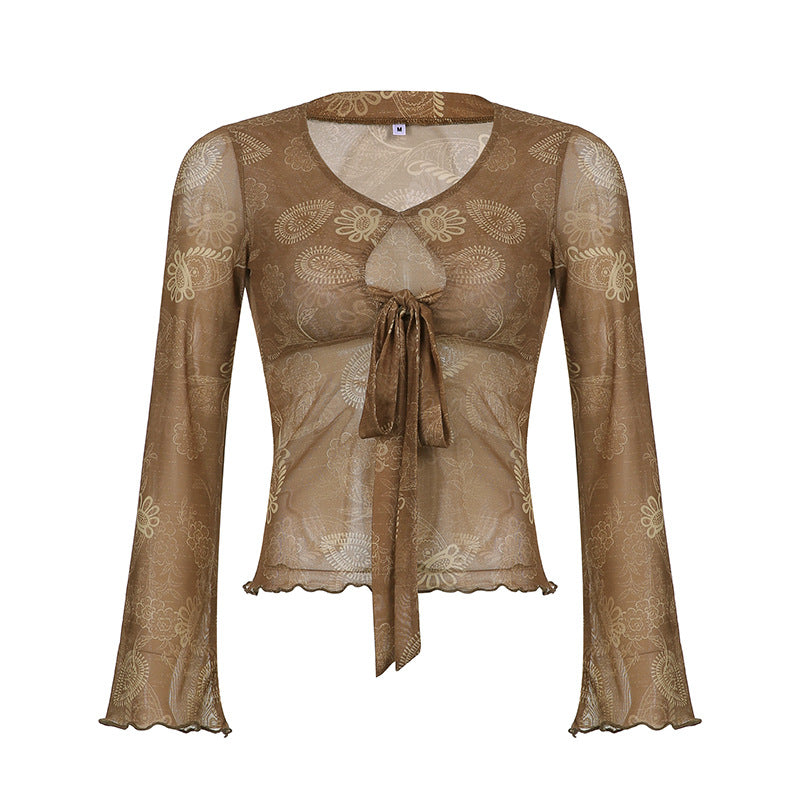 Vintage Boho Top mit Schnürung & Cashmere-Blumenprint (Langarm)