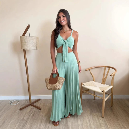 Eleganter Boho Zweiteiler Damen grün plissierte Hose und Top luftiges Sommer Outfit feminin