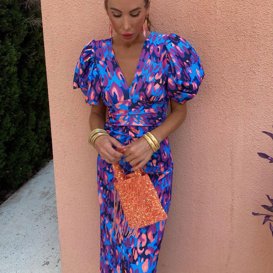 IVOJA Floral Sommerkleid V-Ausschnitt – Figurbetontes Kleid mit Puffärmeln