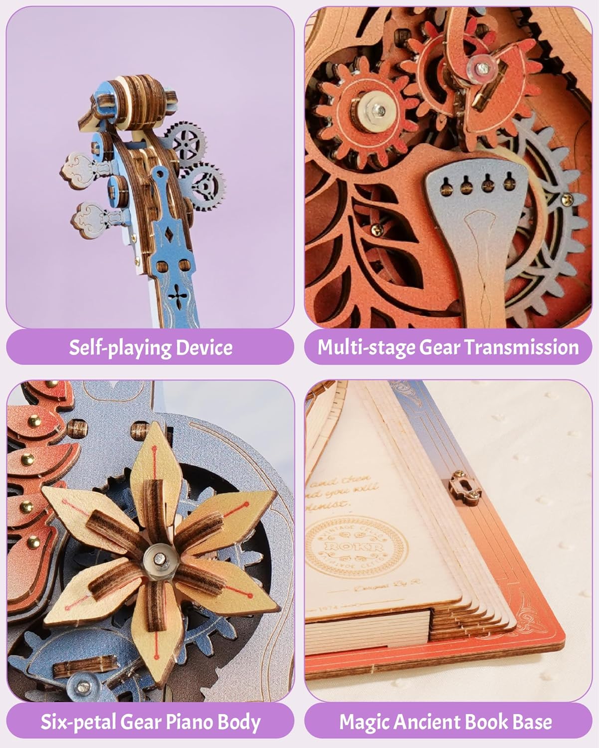 Detailansichten des mechanischen ROKR Magic Cello 3D-Holzpuzzles mit Zahnrädern, selbstspielender Funktion und dekorativem Buchsockel im Steampunk-Stil