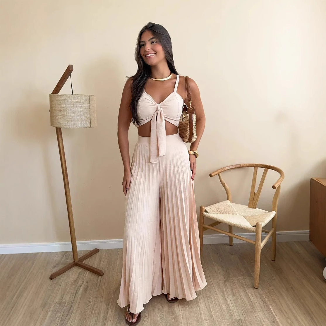 Eleganter Boho Zweiteiler Damen beige mit plissierter Hose und Top luftiges Sommer Outfit feminin