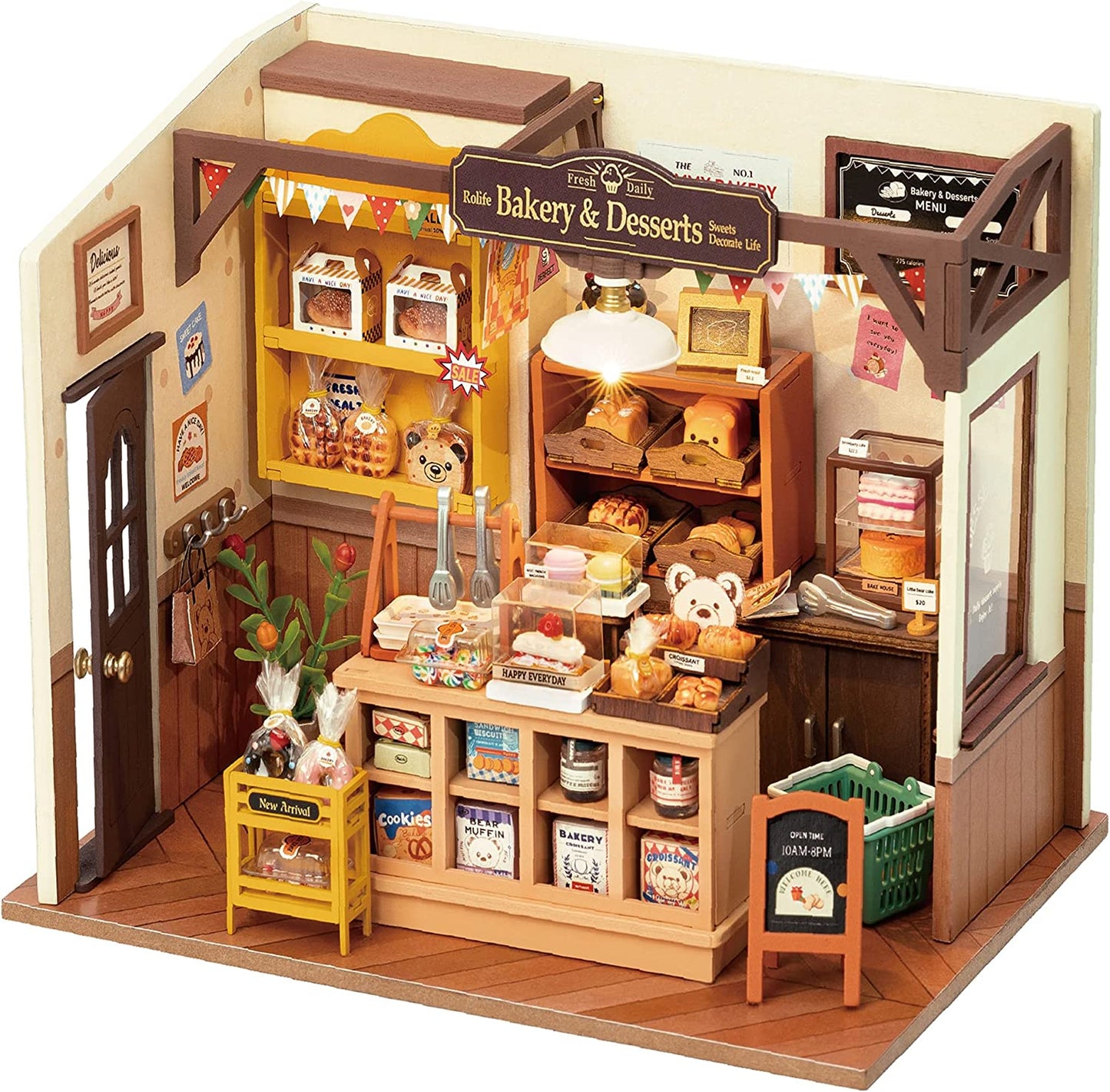 Detailreiche Miniatur-Bäckerei aus Holz mit warmer LED-Beleuchtung und gemütlicher Café-Atmosphäre