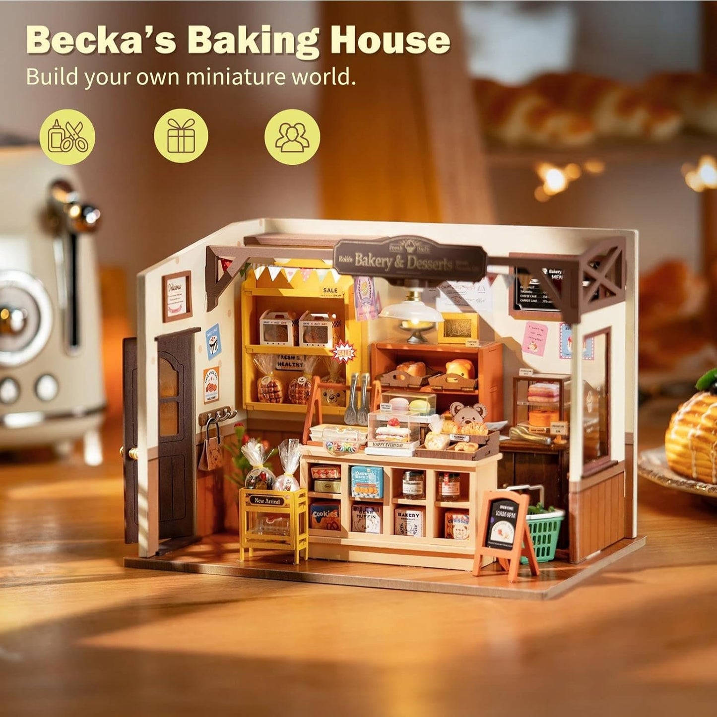 Detailreiche Miniatur-Bäckerei aus Holz mit warmer LED-Beleuchtung und gemütlicher Café-Atmosphäre