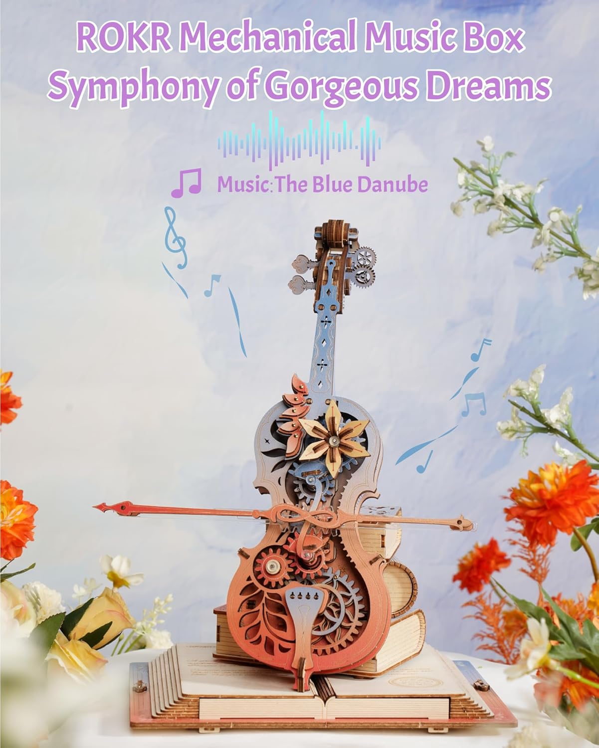 Dekoratives mechanisches Cello aus einem 3D-Holzpuzzle mit Zahnrädern, Musiknoten und detailreicher Steampunk-Optik auf weißem Hintergrund