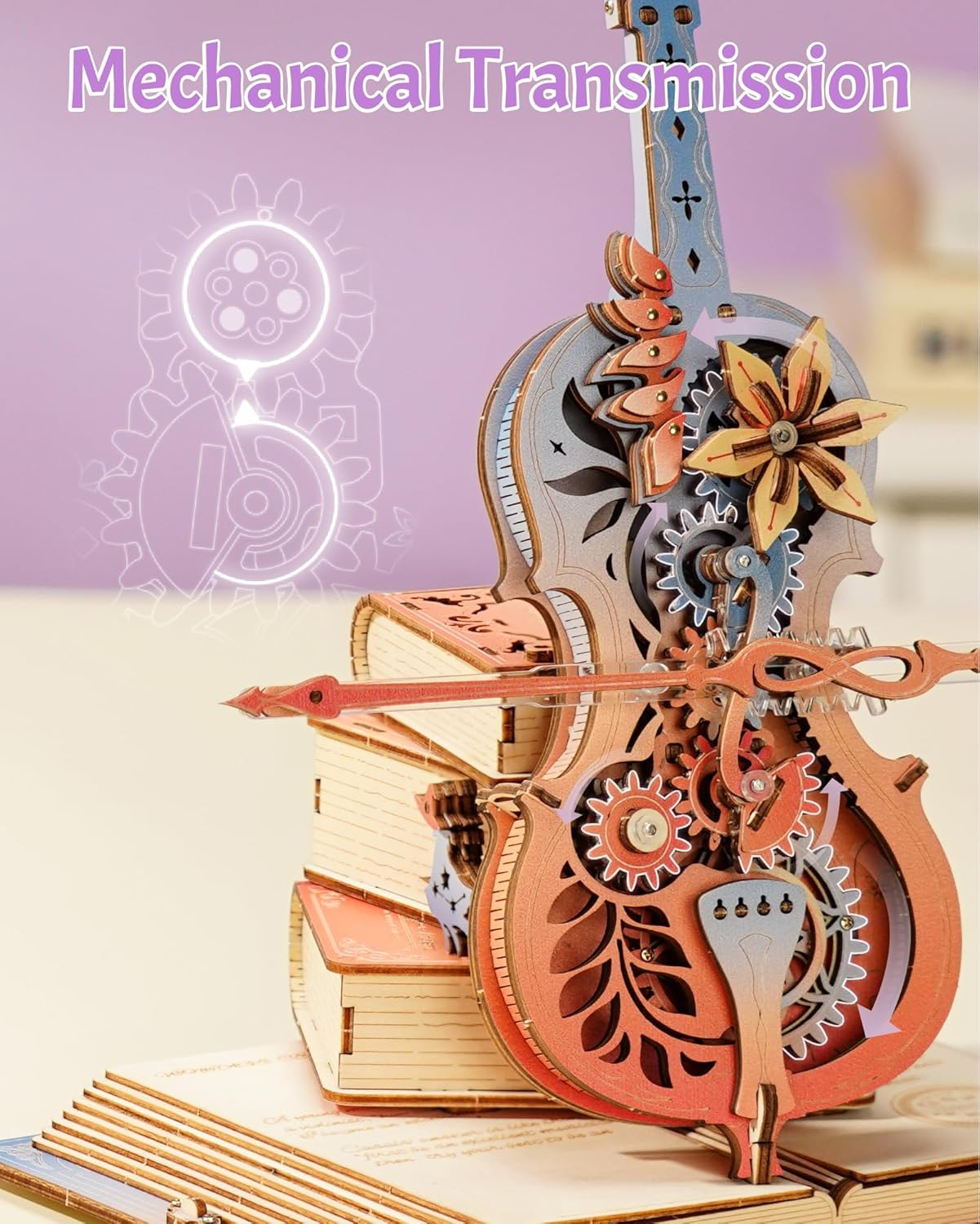 Dekoratives mechanisches Cello aus einem 3D-Holzpuzzle mit Zahnrädern, Musiknoten und detailreicher Steampunk-Optik auf weißem Hintergrund