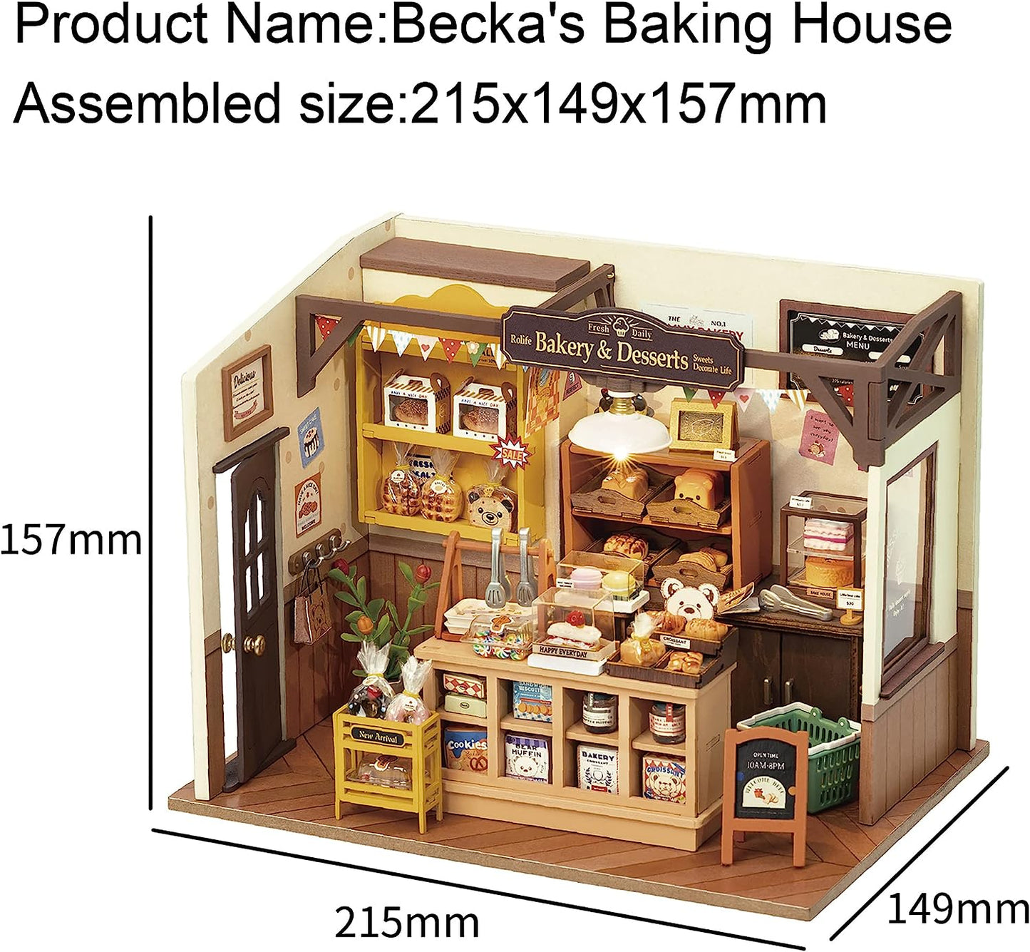 Detailreiche Miniatur-Bäckerei aus Holz mit warmer LED-Beleuchtung und gemütlicher Café-Atmosphäre