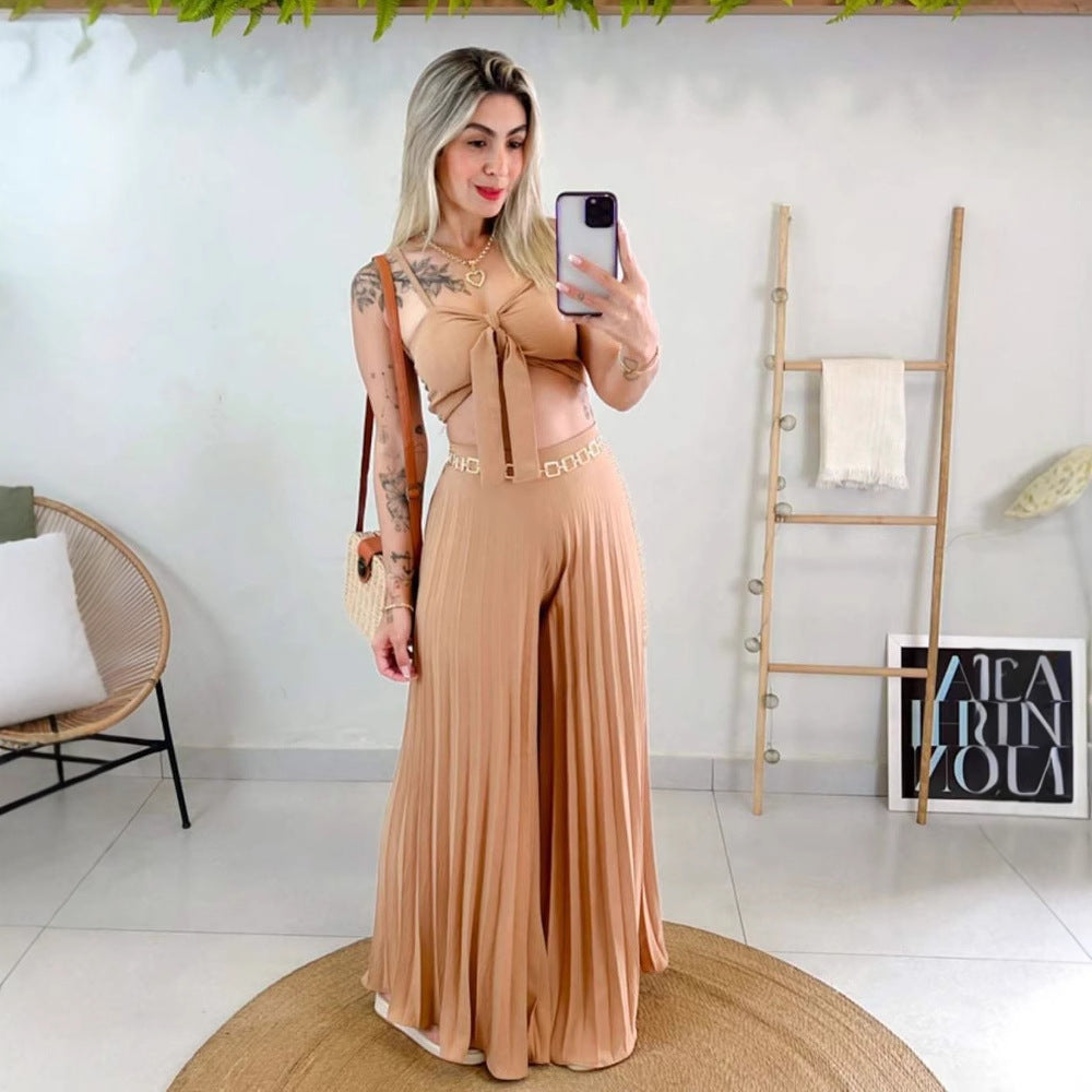 Eleganter Boho Zweiteiler Damen apricot mit plissierter Hose und Top luftiges Sommer Outfit feminin
