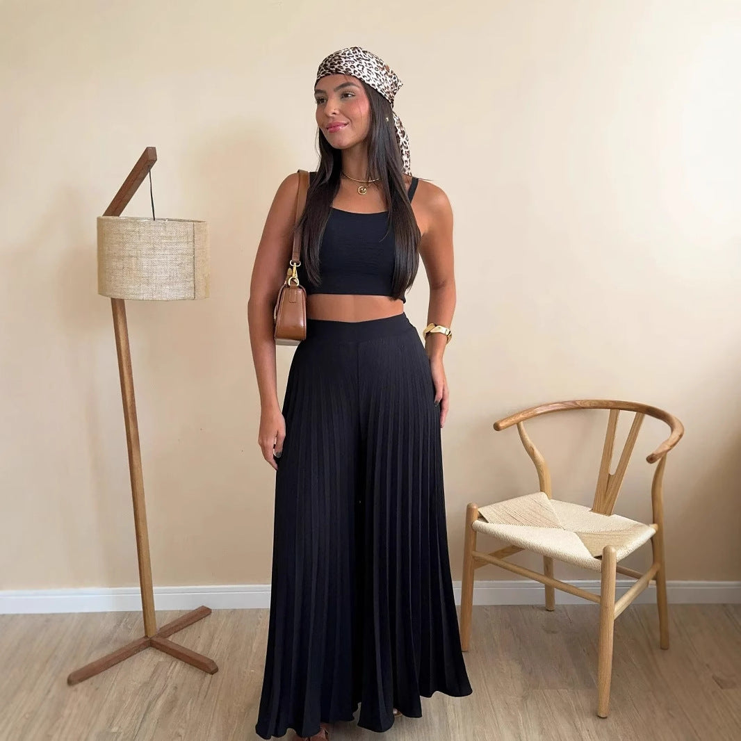Eleganter Boho Zweiteiler Damen schwarz mit plissierter Hose und Top luftiges Sommer Outfit feminin