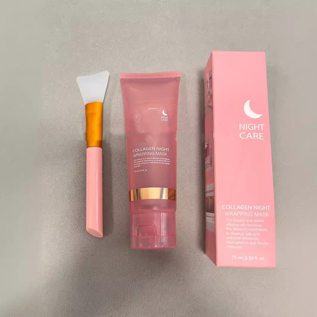 Lieferumfang der Kollagen Glow Night Mask bestehend aus der rosa Tube, der Verpackung und dem Silikon-Kosmetikpinsel