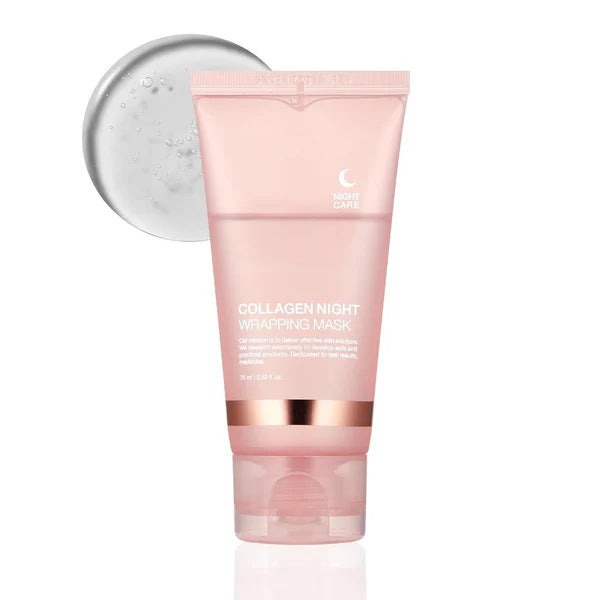 Rosa Tube der Kollagen Glow Night Mask vor einem weißen Hintergrund mit einem Muster der transparenten Gel-Textur
