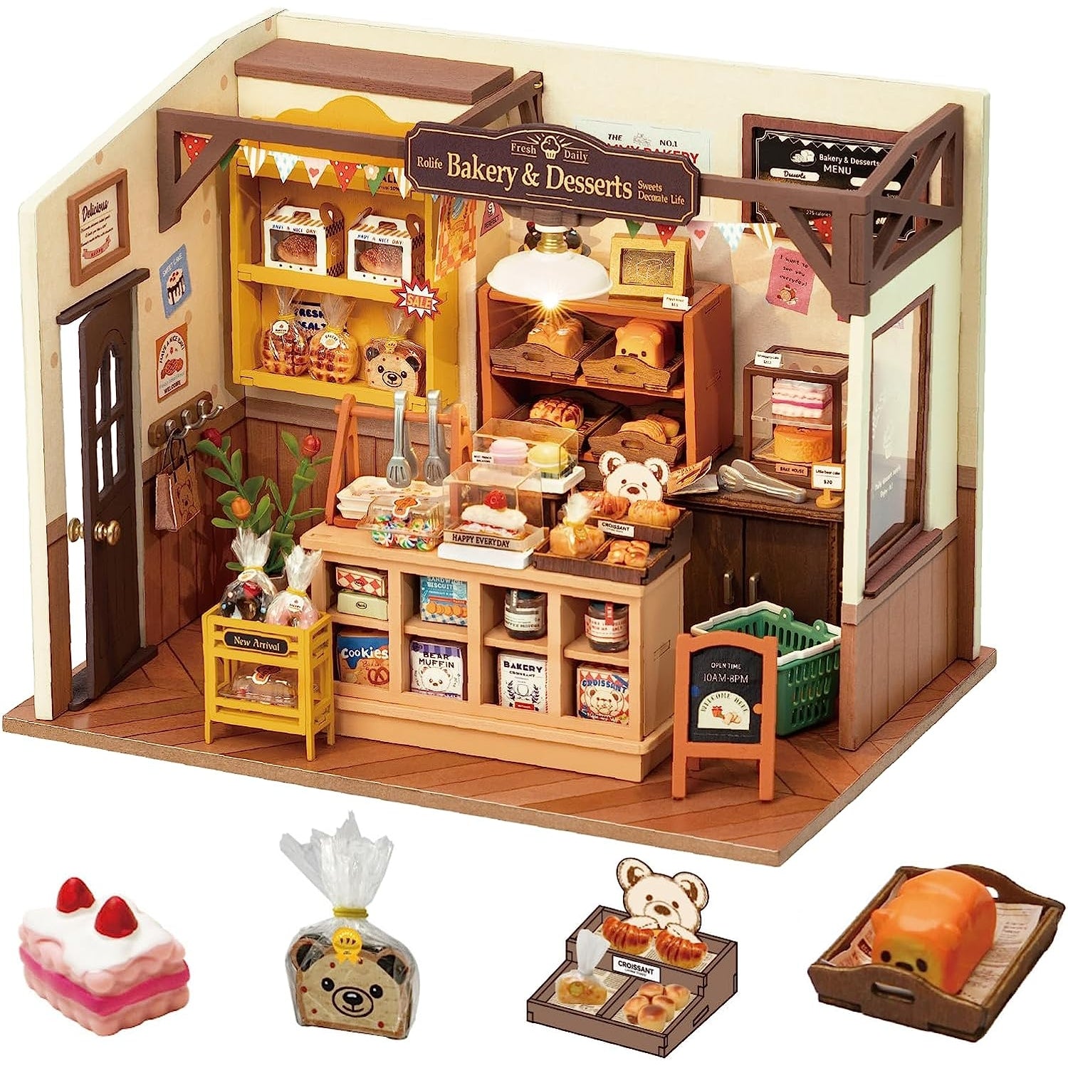 Detailreiche Miniatur-Bäckerei aus Holz mit warmer LED-Beleuchtung und gemütlicher Café-Atmosphäre