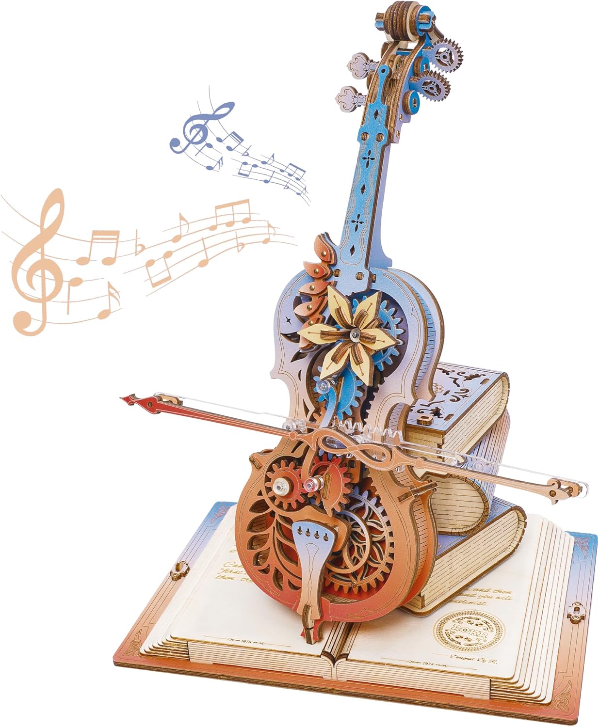 Dekoratives mechanisches Cello aus einem 3D-Holzpuzzle mit Zahnrädern, Musiknoten und detailreicher Steampunk-Optik auf weißem Hintergrund