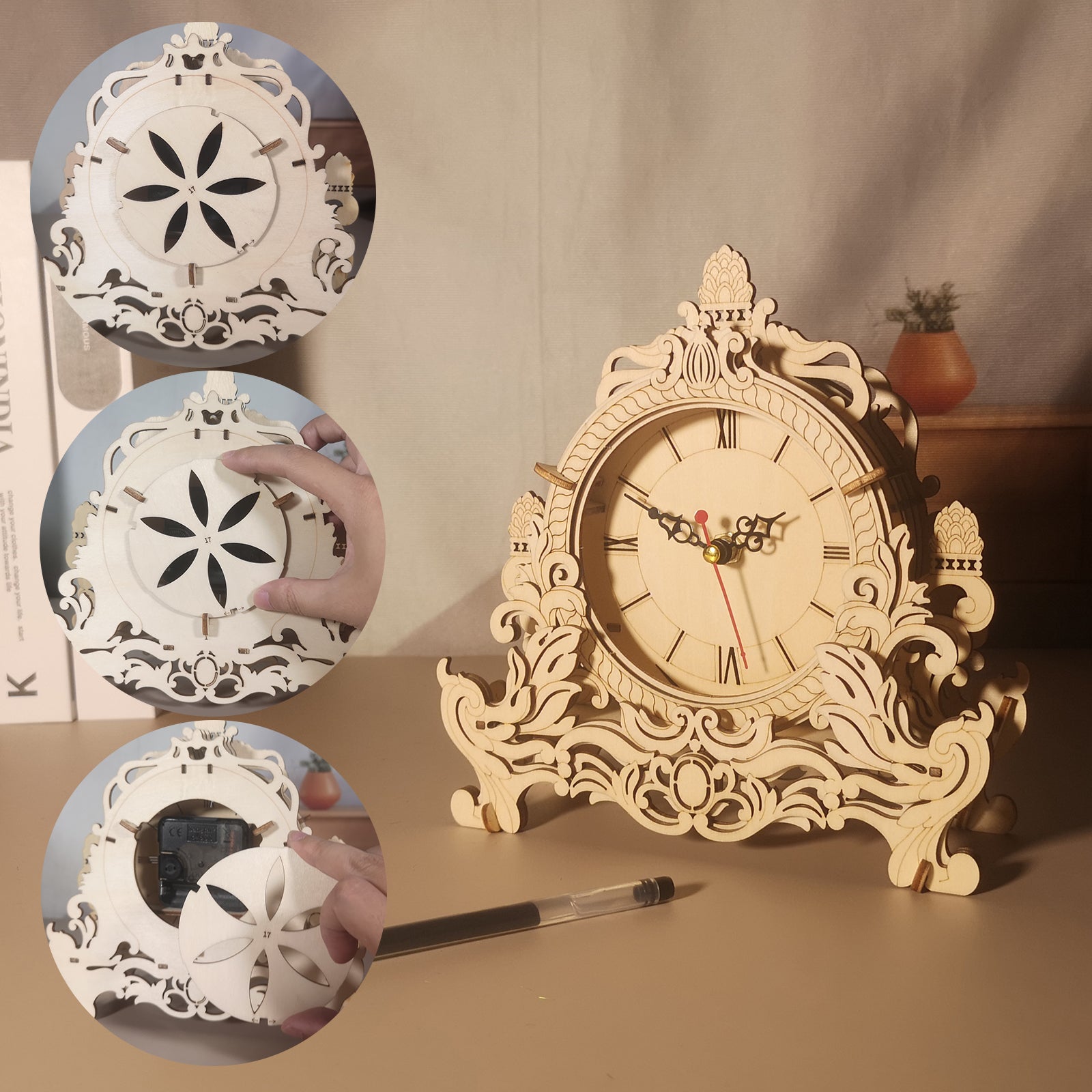 Dekorative Vintage-Holzuhr aus einem 3D-Holzpuzzle-Bausatz mit herausnehmbarem Batteriefach und filigranem Holzdesign auf einem Tisch platziert